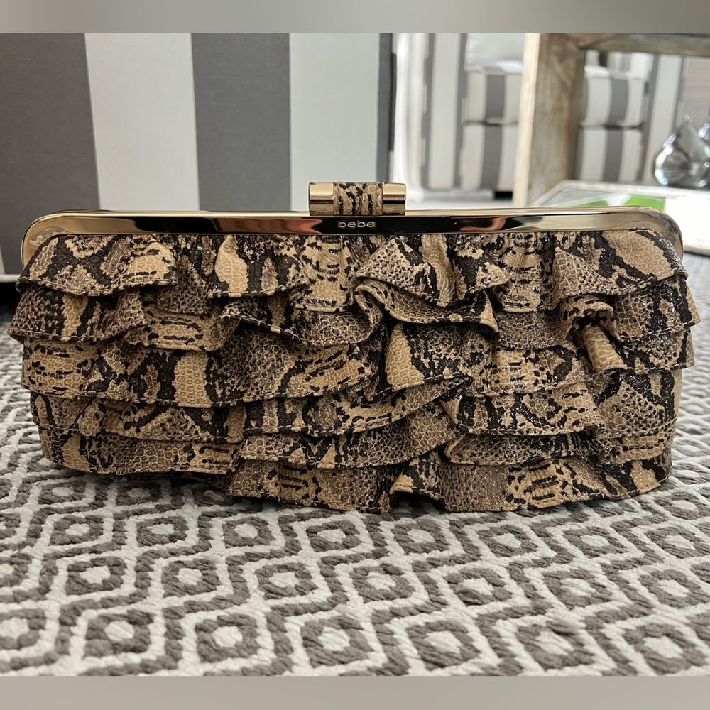 Bebe Snakeskin Pattern Brown Leather Ruffle Clutch.